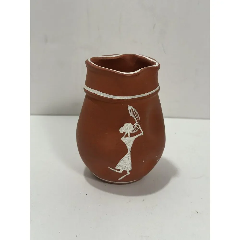 Handmade Terracota Small Vase‎ Dancing Women Playing Wavy Egged See Pictures